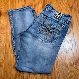 Rock Revival Jeans Mens 38x32 Saul Straight Retro Distressed Light Wash Denim